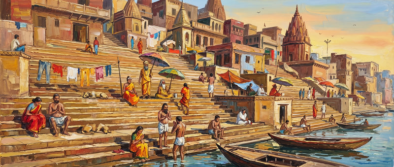 Palette-knife oil painting of life on the Varanasi ghat steps, a saffron sadhu under a green umbrella among bathers and drying laundry with a red temple spire and a boat on the Ganga