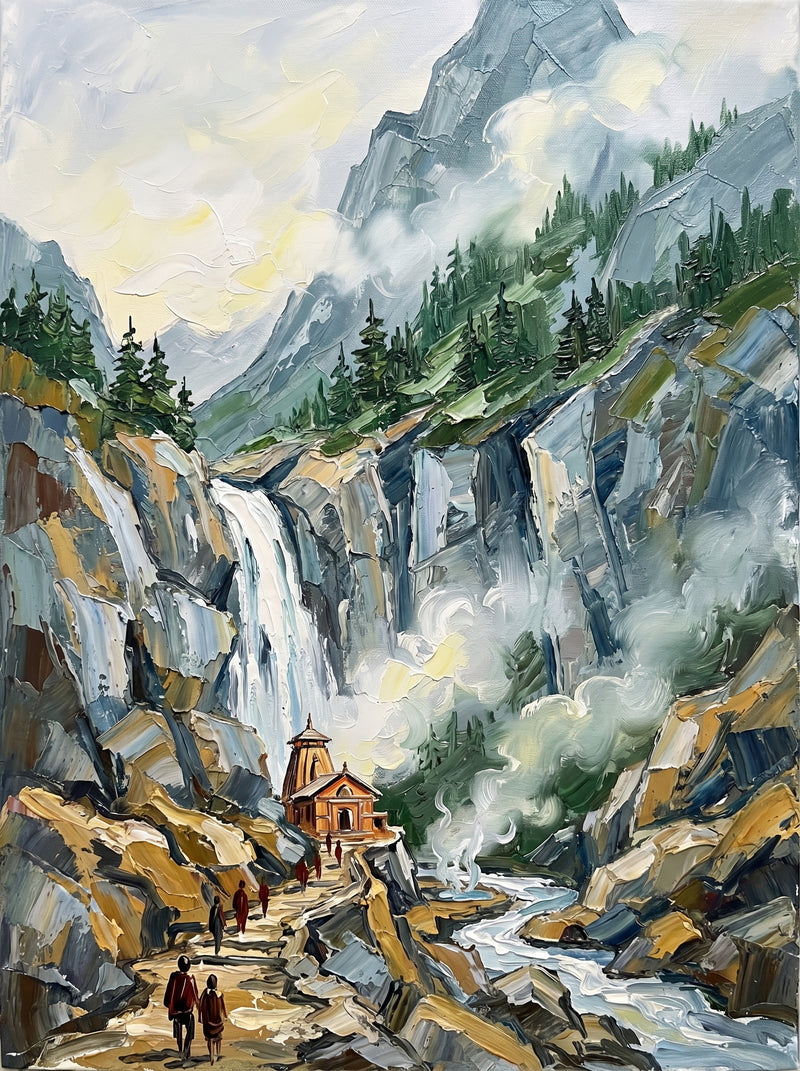 Palette-knife oil painting of Yamunotri Temple, Uttarakhand, a small ochre-and-red shrine beside a white Himalayan waterfall with pine slopes, a rocky trail and pilgrims climbing through mist